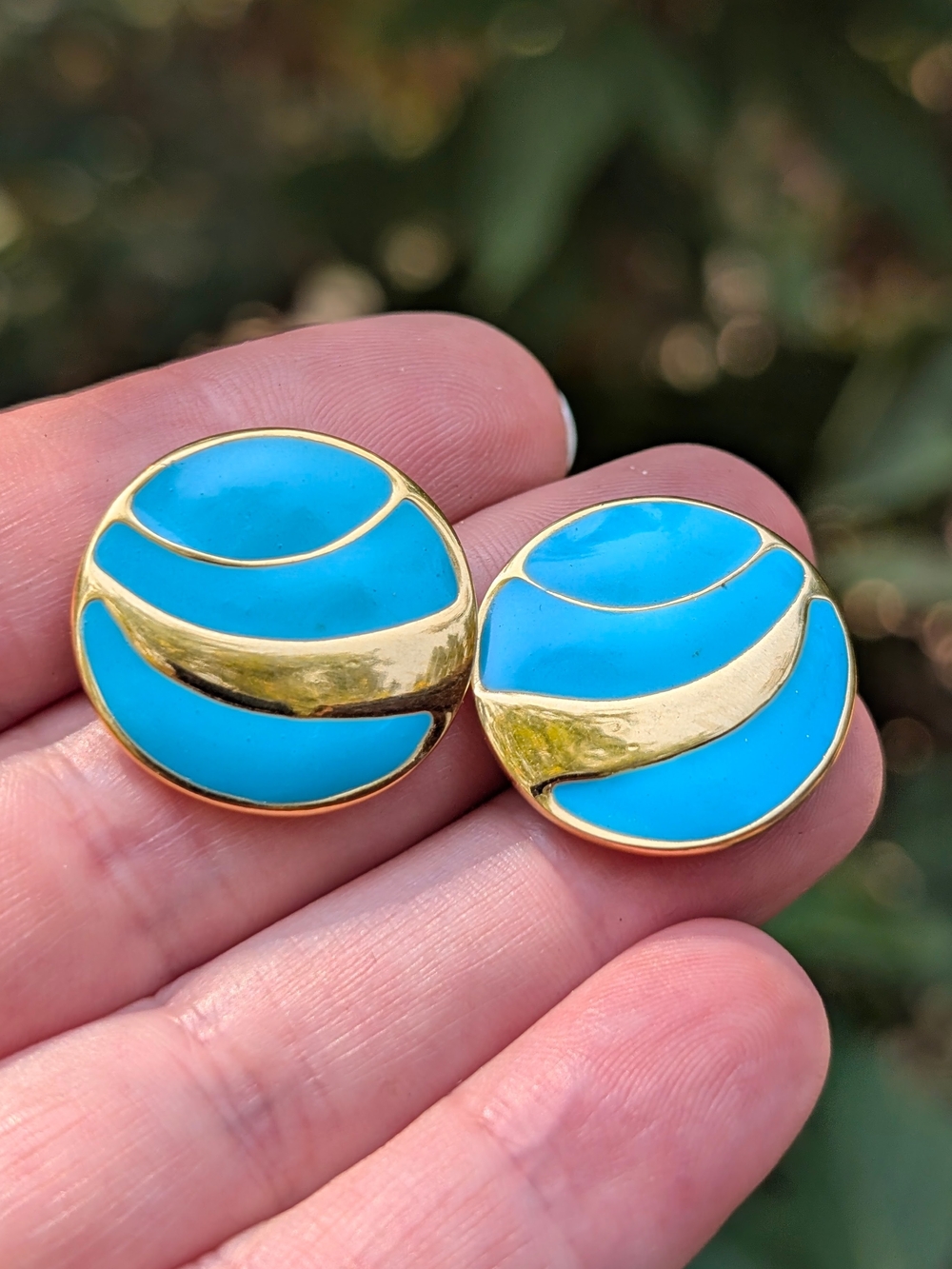Gold & Turquoise Enamel Round Stud Earrings - Women Jewelry